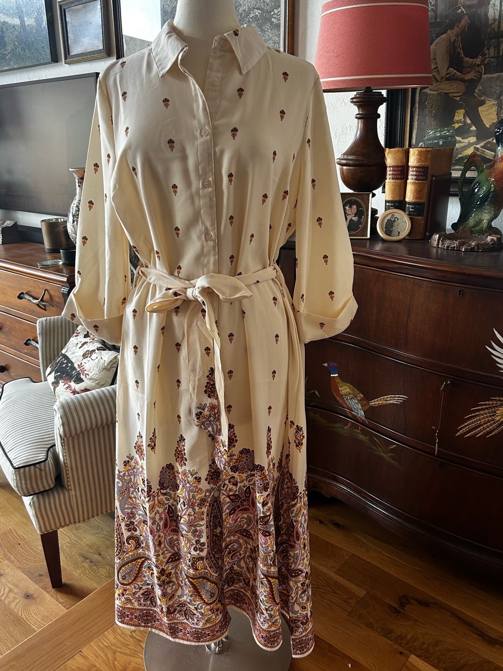 Sincerely Jules Cream Midi Shirt Dress with Paisley Border